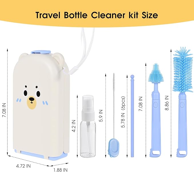 Portable 7-in-1 Baby Bottle Brush Set, Travel Cleaner Kit for Travel and Home, All-in-One Travel Baby Bottle Washing Kit: Integrated Cleaning & Drying System for Bottles and Breast Pump Parts (Blue)