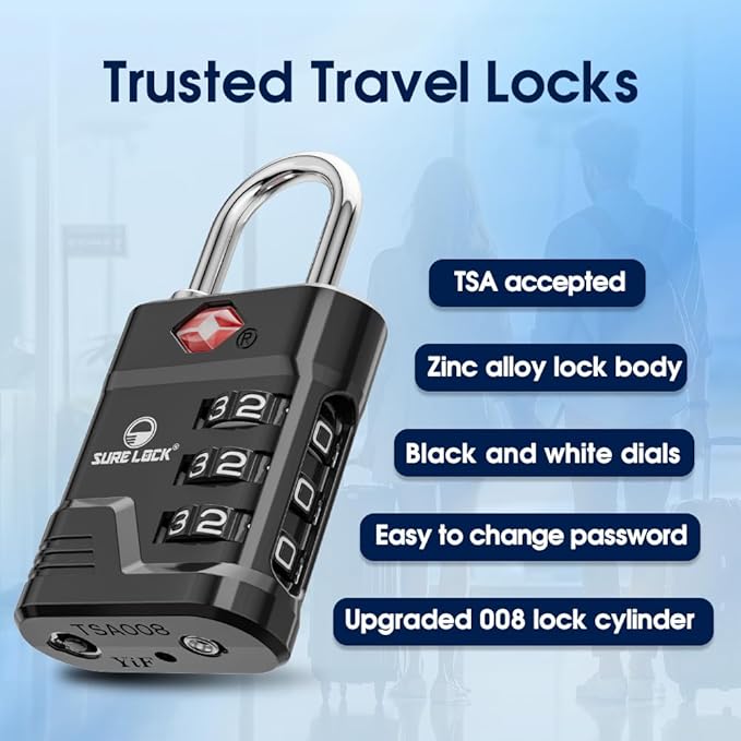 SURE LOCK TSA Locks for Luggage, TSA Approved Luggage Locks with Open Alert, 008 Key for High Security, Easy Read Dials, Zinc Alloy Body, Locker Lock for Suitcase, Gym, Travel(Black 6 pk)