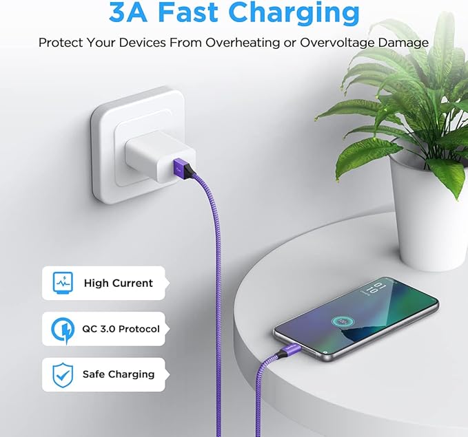 etguuds USB to USB C Cable 2ft, 2-Pack USB A to Type C Charger Cord Fast Charging for Samsung Galaxy A17 A16 A15 A26 A36 A56, S25 S24 S23 S22 S21 S20 S10 Note 20, for iPhone 17 16 15, Moto, Purple