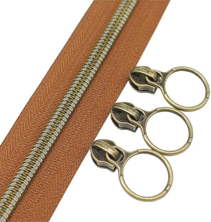 YaHoGa #5 Antique Brass Metallic Nylon Coil Zippers by The Yard Bulk Brown Tape 10 Yards with 20pcs Sliders for DIY Sewing Tailor Craft Bag (Anti-Brass Brown)