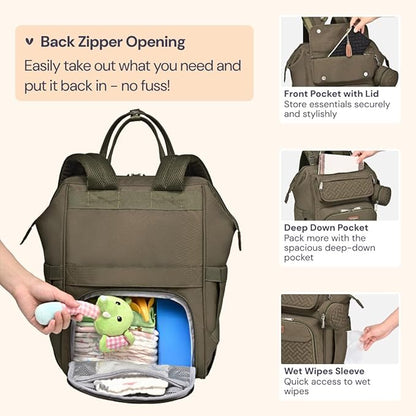 BabbleRoo Diaper Bag Backpack, Multifunction Nappy Changing Bag with Changing Pad, Stroller Straps & Pacifier Case, Unisex Stylish Travel Back Pack for Moms & Dads - Army Green