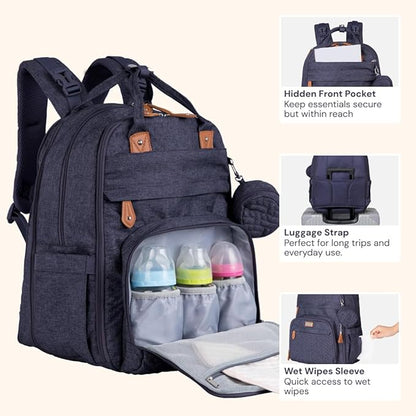 BabbleRoo Extra Large Diaper Bag Backpack, Expandable Baby Bag with Up to 50% More Capacity - Travel Essentials Baby Bag Tote with Changing Pad, Stroller Straps & Pacifier Case - Unisex, Denim Blue