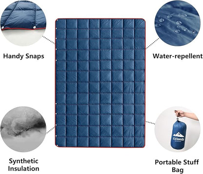 zzlamb Camping Blanket, Compact Lightweight Soft Puffy Blanket Water-Repellent, Packable Warm Quilt Down Alternative Picnic Hiking Backpacking Beach Travel RV Airplane Couch Car