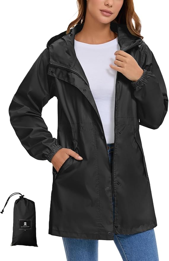 SaphiRose Women's Lightweight Long Rain Jacket Packable Raincoat Hooded Outdoor Trench Coats
