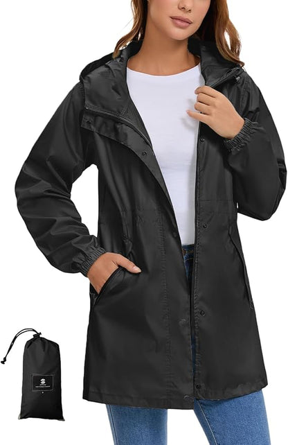 SaphiRose Women's Lightweight Long Rain Jacket Packable Raincoat Hooded Outdoor Trench Coats
