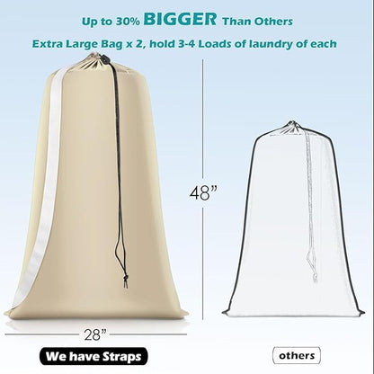 Heavy Duty Laundry Bag 2 Pack XL Nylon Laundry Bags with Straps, Washable Large Dirty Clothes Organizer with Drawstring Closure, Travel Washing Bag Fit a Laundry Hamper or Basket
