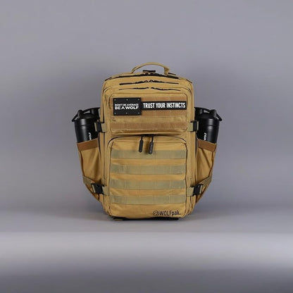 WOLFpak 35L Athletic Gym Backpack - Durable 1000D Waterproof Oxford Material with MOLLE Webbing, Laptop Pocket & Dual Cup Holders, Durable Fitness/Travel/Military Daypack (Khaki)