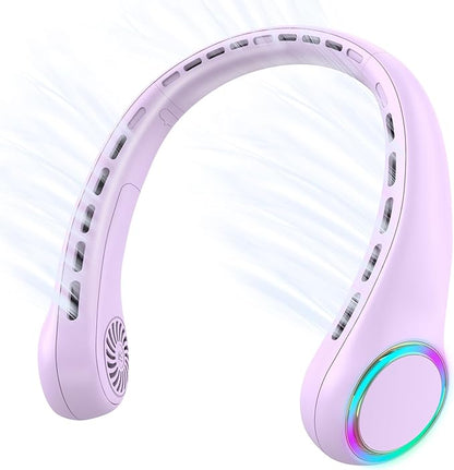Portable Neck Fan, Personal Fan with 4000mAh Battery, Rechargeable Neck Fan with 3 Speeds and 64 Cool Lights, Birthday Gifts for Men Women Mom Dad, Hands Free Cooling fan for Summer(Purple)