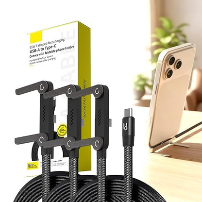 240W Braided Fast Charge Cable with Built-in Phone Stand, 2026 New T-Shaped Durable USB-C to USB-C Charger Cord, Charging Cord with Foldable Phone Holder (Black-3 Pack)