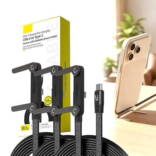 240W Braided Fast Charge Cable with Built-in Phone Stand, 2026 New T-Shaped Durable USB-C to USB-C Charger Cord, Charging Cord with Foldable Phone Holder (Black-3 Pack)