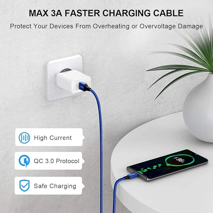 etguuds USB A to USB C Cable 4ft, 2-Pack, 3A Fast Charging Type C Charger Cord for iPhone 17 16 15 Pro Max 16e 17 Air, Samsung Galaxy S25 S24 S23 S22 S21 S20 A17 A16 A56 A55 Flip Fold, Blue