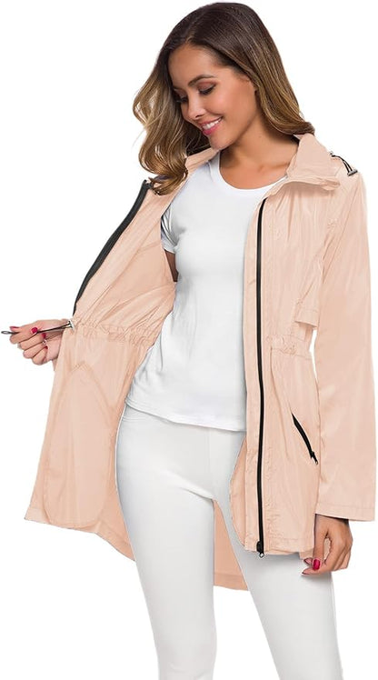 Avoogue Women's Long Raincoat with Hood Outdoor Lightweight Windbreaker Rain Jacket Waterproof