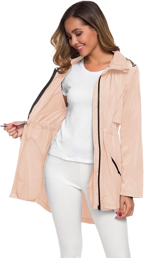 Avoogue Women's Long Raincoat with Hood Outdoor Lightweight Windbreaker Rain Jacket Waterproof