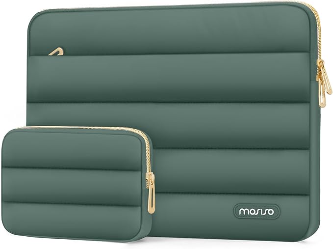 MOSISO 13.3 inch Laptop Case, 13-13.3 inch Puffy Laptop Sleeve Compatible with MacBook Air 13 13.6 M4 M3 M2 M1/Pro 13/Pro 14, HP Dell ASUS Lenovo,Polyester Horizontal Bag with Small Case,Emerald Green