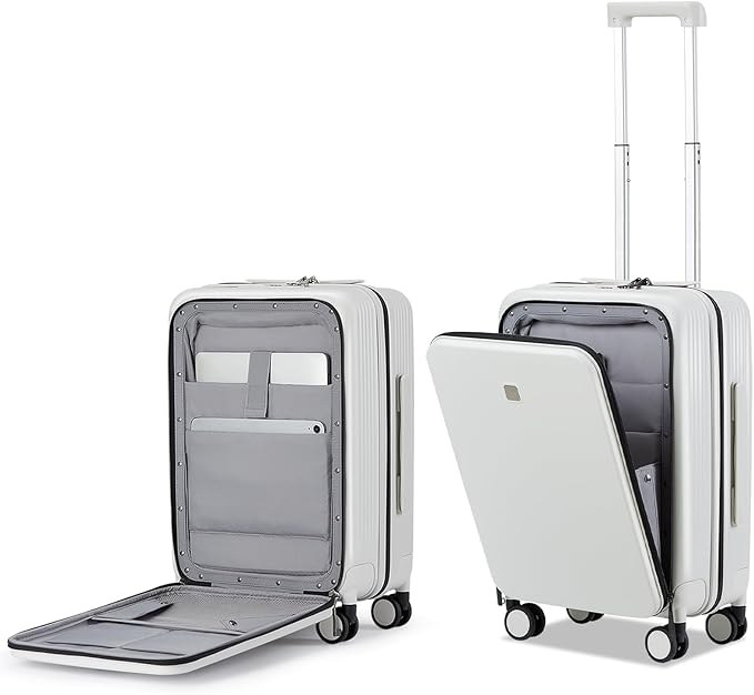 Hanke Grace Carry On Luggage with Wheels Airline Approved Hard Shell Suitcases with Front Pocket，Top Opening Luggage with TSA Lock for Short Business Travel，Smoke White.