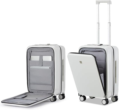 Hanke Grace Carry On Luggage with Wheels Airline Approved Hard Shell Suitcases with Front Pocket，Top Opening Luggage with TSA Lock for Short Business Travel，Smoke White.