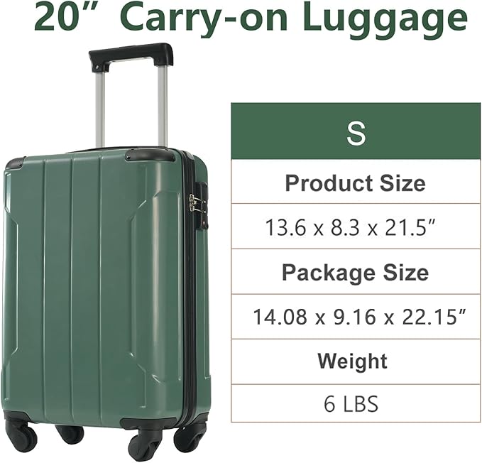 20in Carry On Luggage Hardshell Suitcase with Spinner Wheels Lightweight Lugagge Design Waterproof Durable for Travel (Green)