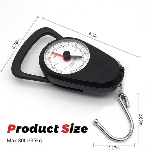2PC Portable Luggage Weight Scale with Hook- Black & White Fishing Hanging Scale Mechanical Kitchen, Multi-Purpose Travel Suitcase Scale with Tape Measure (80 Lbs)