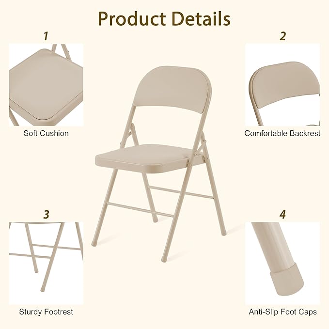 4 Pack Khaki Folding Chairs with Padded Cushion and Back, Portable Duty Metal Frame Commercial Seat, Foldable Indoor Outdoor Chairs for Office Party Events Kitchen Dinning Wedding, 330-LBS Capacity