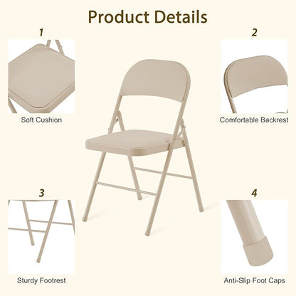 6 Pack Khaki Folding Chairs with Comfortable Cushion and Back, 330LBS Capacity, Portable & Foldable Indoor Outdoor Chairs with Durable Metal Frame for Office Party Events Kitchen Dinning Wedding