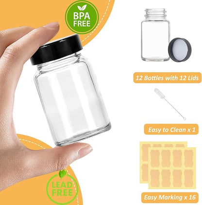 12Pcs 2 oz Small Clear Glass Bottles with Lids,Wide Mouth Shot Bottles with Caps for Ginger Shots, Juice, Potion, Liquids, Whiskey