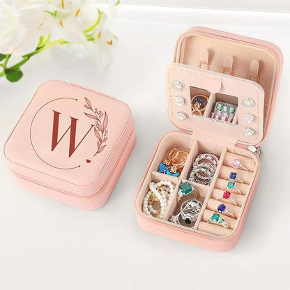 SANDJEST Personalized Jewelry Box, Pink Small Travel Jewelry Box with Initial W, Monogrammed Jewelry Case Organizer for Girls Women Teen, Mini Travel Essentials Gifts for Christmas Birthday
