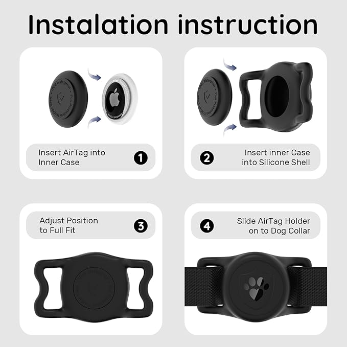 for AirTag Dog Collar Holder, Dog Air Tag Holder, IP68-Waterproof | Lightweight Silicone | Anti-Lost | Ultra-Durable | Compatible with Apple AirTags (Black+Bule)
