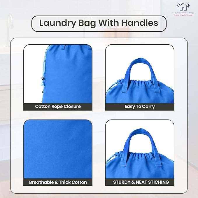 LFH Home Large Premium Cotton Canvas Laundry Bag with Drawstring and Handles Heavy Duty, Multi-Use, and Washable for Home, Travel, College or Storage 28x36 (Pack of 2)-Sky Blue