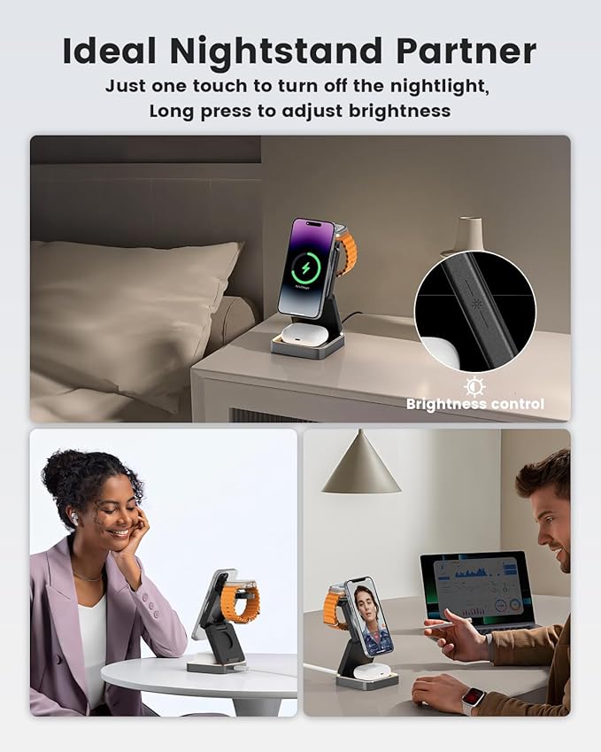 3-in-1 Wireless Charger for iPhone,15W Fast Wireless Charging Station Compatible with Mag-Safe Charger,Magnetic Foldable Travel Charger Stand Nightstand for iPhone 17/16/15/14,Apple Watch&AirPods