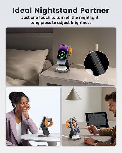3-in-1 Wireless Charger for iPhone,15W Fast Wireless Charging Station Compatible with Mag-Safe Charger,Magnetic Foldable Travel Charger Stand Nightstand for iPhone 17/16/15/14,Apple Watch&AirPods