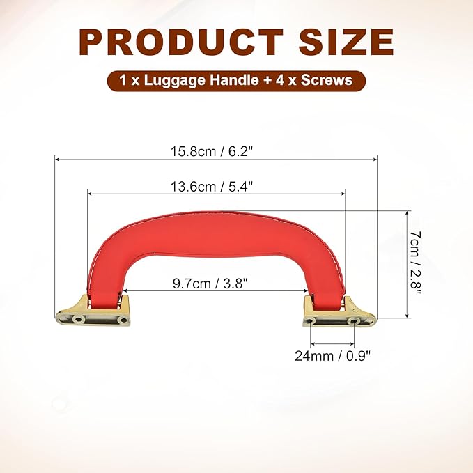 uxcell PU Leather Luggage Handle, 0.9" Hole Distance Vintage U-Shape Replacement Strap Handle for Travel Handbag Guitar Musical Box Gift Boxes, Red/Gold