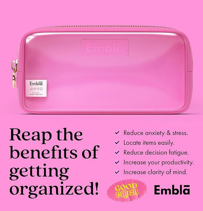 Embla London Makeup Bag Cosmetic Case, Clear Zipper Make Up Pouch and Toiletry Travel Tote, Cute Skincare Pouches for Women Girls, Preppy Purse Cosmetic Organizer, Small Makeup Bags, Bubblegum