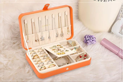 LANDICI Small Jewelry Box for Women Girls, PU Leather Travel Jewelry Case, Portable Jewelry Organizer Storage Holder Display for Ring Earrings Necklace Bracelet Bangle Men Kids Gift, Orange