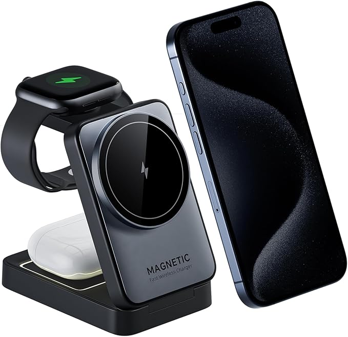 2025 Upgraded 3-in-1 Wireless Charger for iPhone,Travel Magnetic Charger Stand Nightlight Foldable Wireless Charging Station Compatible with Magsafe Charger&iPhone 17/16/15/14/13,Apple Watch&AirPods