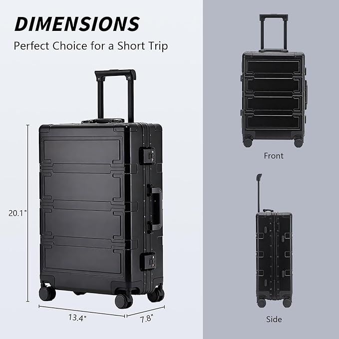Simcat All Aluminum Carry On Luggage, 20 Inch Hard Shell Zipperless Luggages，Airline Approved Suitcase with TSA Lock and Silent Wheels (Black,20inch/56.5x21.5x39.5cm)