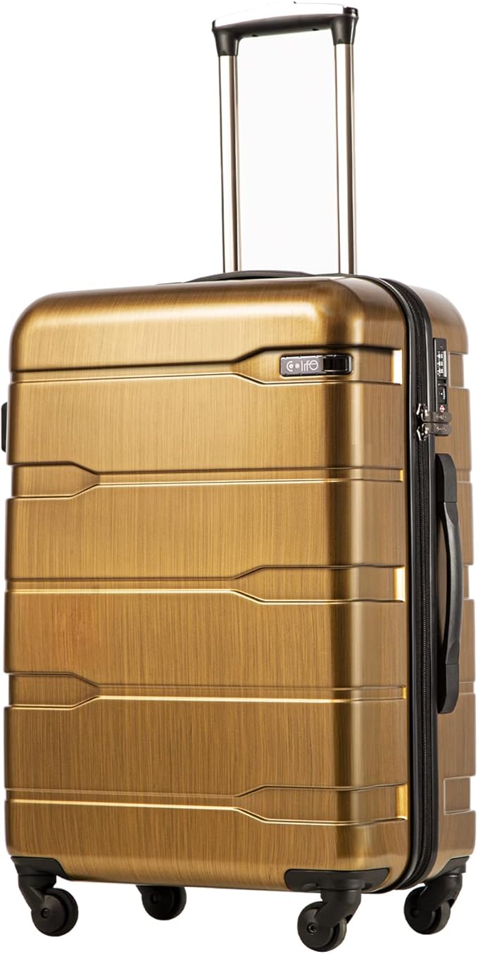 Coolife Luggage PC+ABS Hardshell Suitcase with TSA Lock, Spinner Checked Lightweight (Black brown, 24in)