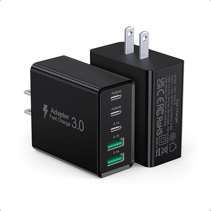 [2-Pack] USB C Wall Charger, 60W Type C Charger Block 5-Port Fast Charging Blocks,3USB C+2USB A Multiport Plug,PD Power Adapter Brick Cube for iPhone 17/16/15/14/13/Pro,iPad,Samsung,for Switch（Black）