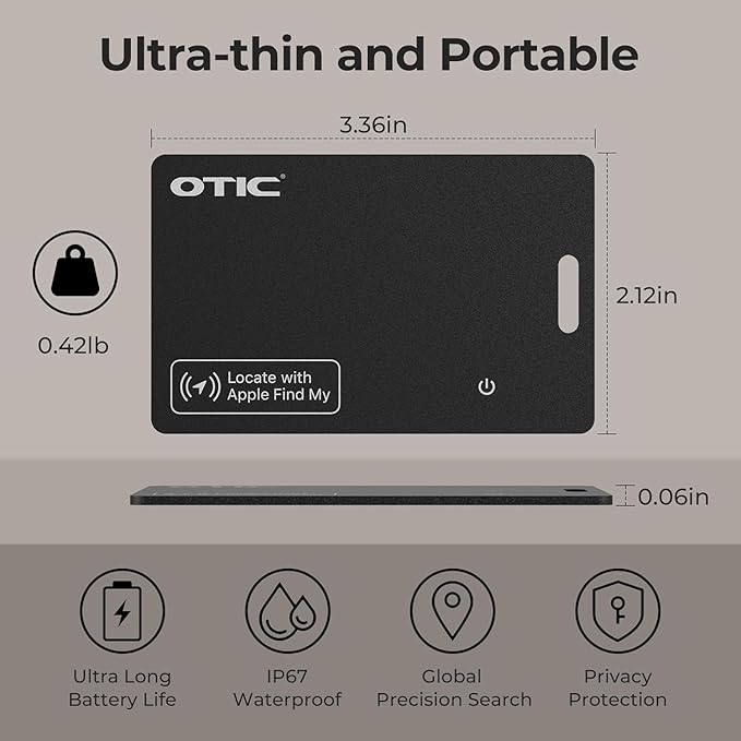 OTIC Wallet Tracker Card, Ultra-Thin 1.7MM Rechargeable Finder, Works with Apple Find My (iOS Only), Item Locator for Luggage Tags, Passports, Phone, IP67 Waterproof, (2-Pack)