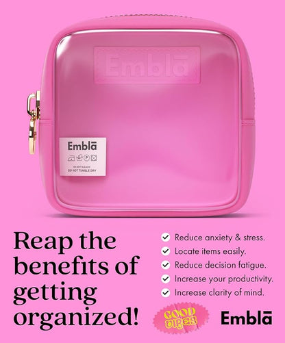Embla London Makeup Bag Cosmetic Case, Clear Zipper Make Up Pouch and Toiletry Travel Tote, Cute Skincare Pouches for Women Girls, Preppy Purse Cosmetic Organizer, Mini Makeup Bags, Bubblegum