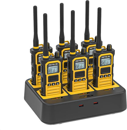 Retevis RB48 Pro Walkie Talkies Long Range, High Power, Heavy Duty Rechargeable Two Way Radios, 2800mAh, IP67, Upgrade Noise Reduction, Group Call for Construction (6 Pack with Gang Charger)