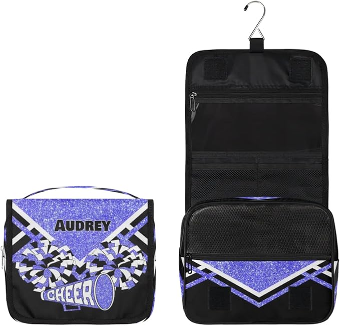 Personalized Hanging Toiletry Bag for Women, Large Capacity Cheerleading Travel Custom Name For Mothers Day, Birthday, Anniversary, Wedding, Light Blue Glitter Black