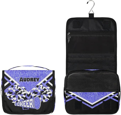 Personalized Hanging Toiletry Bag for Women, Large Capacity Cheerleading Travel Custom Name For Mothers Day, Birthday, Anniversary, Wedding, Light Blue Glitter Black