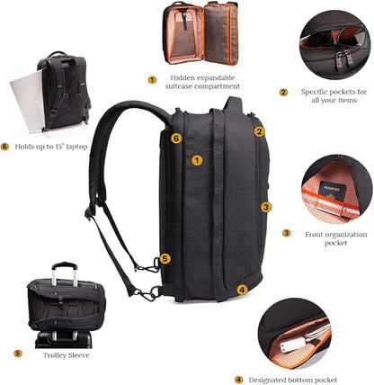 Knack Series 1 Laptop Backpack Fits up to 15 Inch - Knack Bags Carry-On Backpack, TSA Approved, Expandable Travel Backpacks With 3 Day Outfit Capacity (Stealth Black, Medium)
