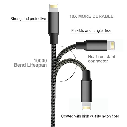 cugunu iPhone Charger, 5 Pack 3/3/6/6/10FT MFi Certified USB Lightning Cable Nylon Braided Fast Charging Cord Compatible for iPhone 14/13/12/11/X/Max/8/7/6/5/SE/Plus/iPad - Black Gray