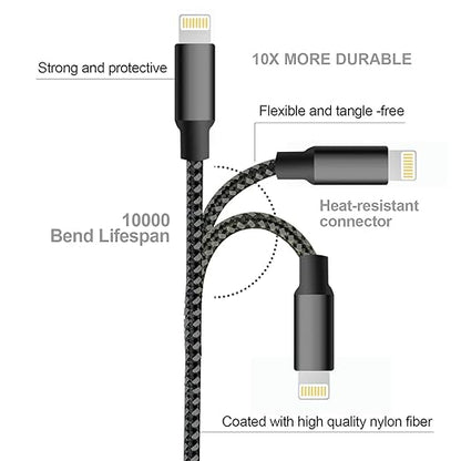 cugunu iPhone Charger, 5 Pack 3/3/6/6/10FT MFi Certified USB Lightning Cable Nylon Braided Fast Charging Cord Compatible for iPhone 14/13/12/11/X/Max/8/7/6/5/SE/Plus/iPad - Black Gray