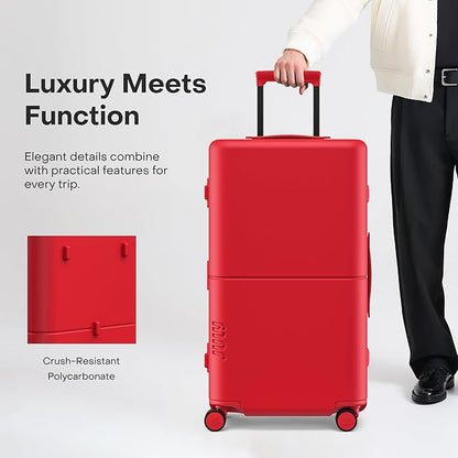 Checked Trunk - 26.8" Zipperless Airline Approved Check In Luggage with Wheels, 80/20 Opening Spinner Suitcase - TSA Lock Rolling Suitcase, Spinner Wheels, Y-Strap - Matte Cherry Red