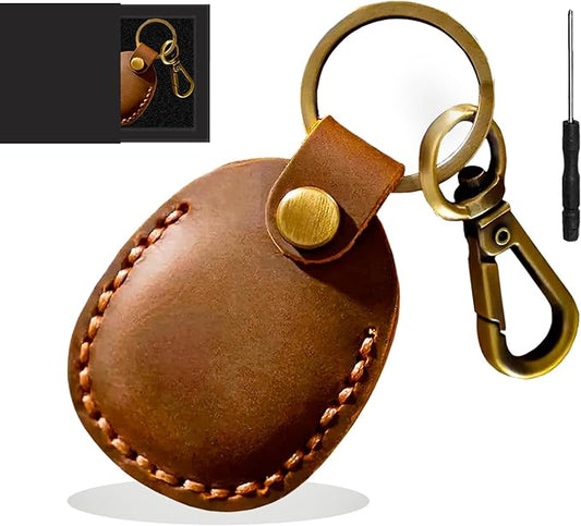 Leather AirTag Keychain Holder - Premium Crazy Horse Full-Grain Leather Case with Screwdriver | Secure Twist Lock, Easy Access, Develops Patina Over Time for Keys, Wallet & Bags
