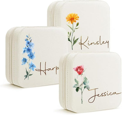 DayOfShe Personalized Travel Jewelry Box with Name and Birth Flower,Stocking Stuffers for Women Girls,Custom Small Travel Jewelry Case Bridesmaid Proposal Gifts