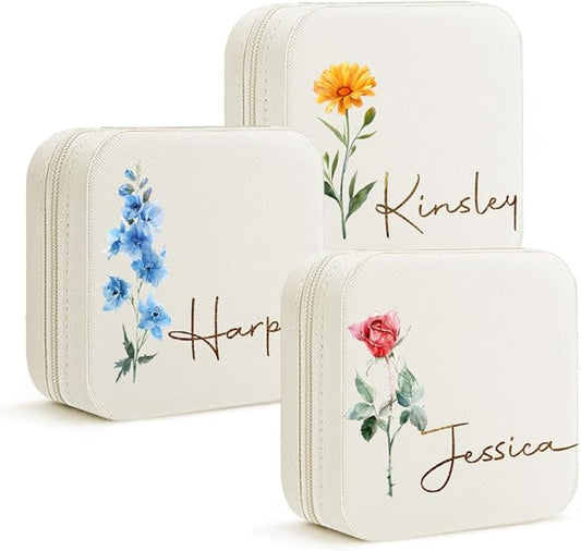 DayOfShe Personalized Travel Jewelry Box with Name and Birth Flower,Stocking Stuffers for Women Girls,Custom Small Travel Jewelry Case Bridesmaid Proposal Gifts