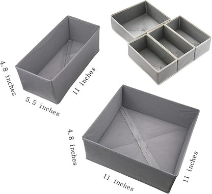 Drawer Organizer Set of 4 Light Grey - Fabric Storage Bins for Clothes, Underwear, Socks & Bras - 11" Dresser Dividers for Bedroom Closet